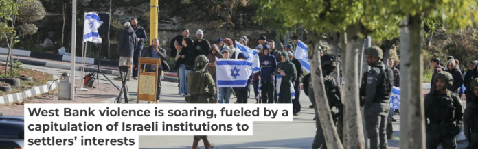 Israeli settlers gather near the Kiryat Arba settlement in Hebron on Dec. 10, 2025. Mosab Shawer/Middle East Images/AFP via Getty Images, CC BY
